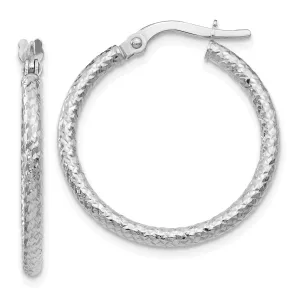 10K White Gold Polished and Textured Hoop Earrings with Rhodium Finish