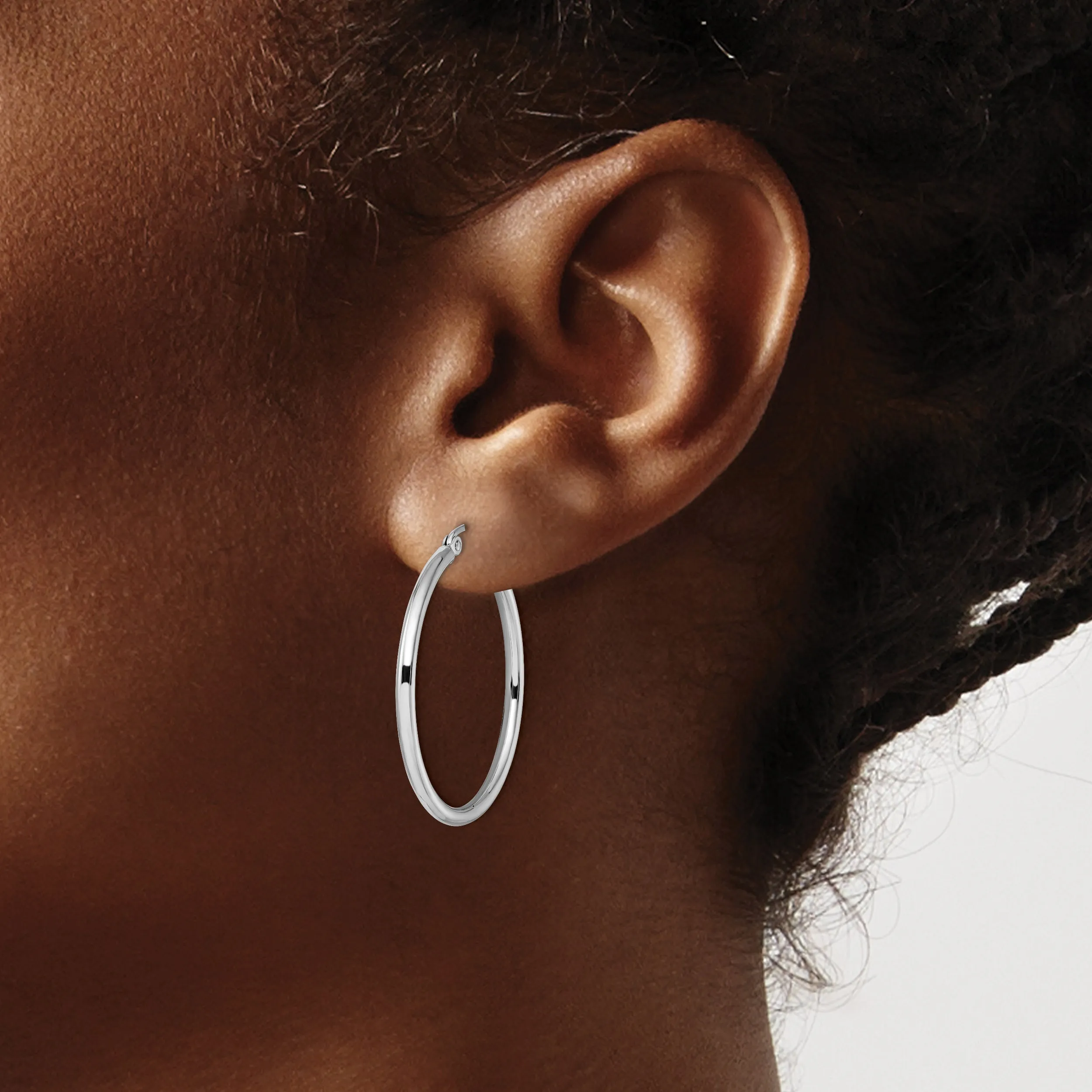 10K White Gold Polished Hoop Earrings with Rhodium Plating and Lifetime Warranty