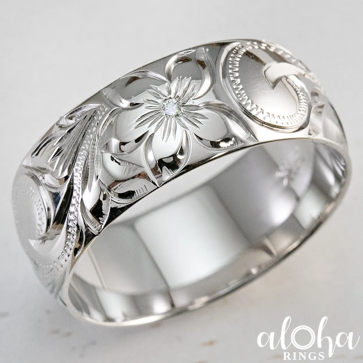 10K White Gold Ring Hand Engraved Old English Design - 8mm, Dome Shape, Comfort Fitment