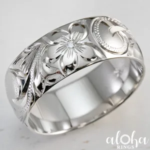 10K White Gold Ring Hand Engraved Old English Design - 8mm, Dome Shape, Comfort Fitment