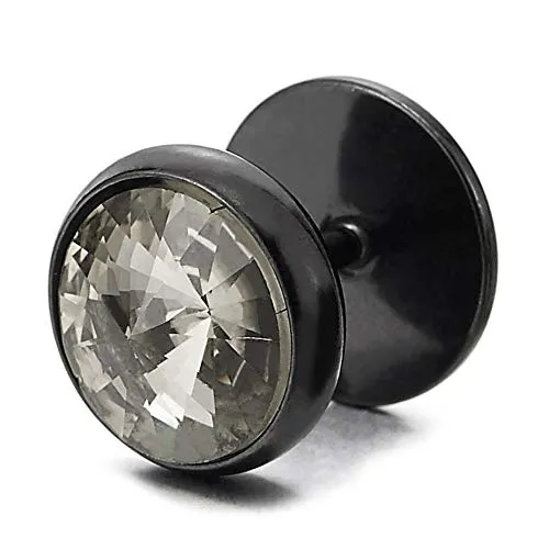 10MM Mens Ladies Black Circle Stud Earrings with Spiked CZ, Steel Cheater Fake Ear Plugs Gauges 2pcs