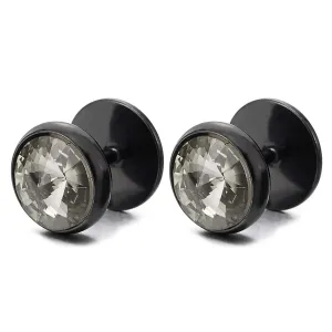 10MM Mens Ladies Black Circle Stud Earrings with Spiked CZ, Steel Cheater Fake Ear Plugs Gauges 2pcs