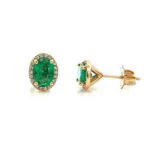 14 Karat Gold Yellow Halo Earrings With 7mm 0.66ctw Oval Emerald With 7mm 1.32 ctw Oval Emeralds