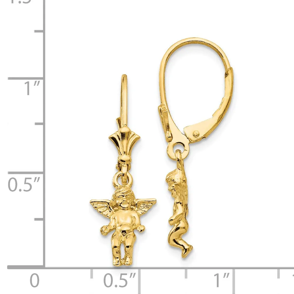 14K Gold Angel Drop Earrings with Leverback Closure  Elegant Casted Design