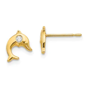 14K Gold CZ Dolphin Post Earrings for Girls Polished, Nickel-Free