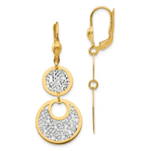 14K Gold Drop Earrings with White Rhodium Textured Finish Leverback