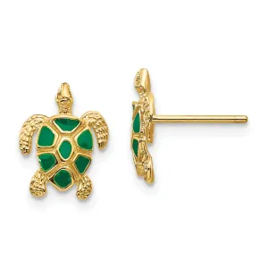 14K Gold Green Enameled Sea Turtle Earrings  Polished and Elegant Design