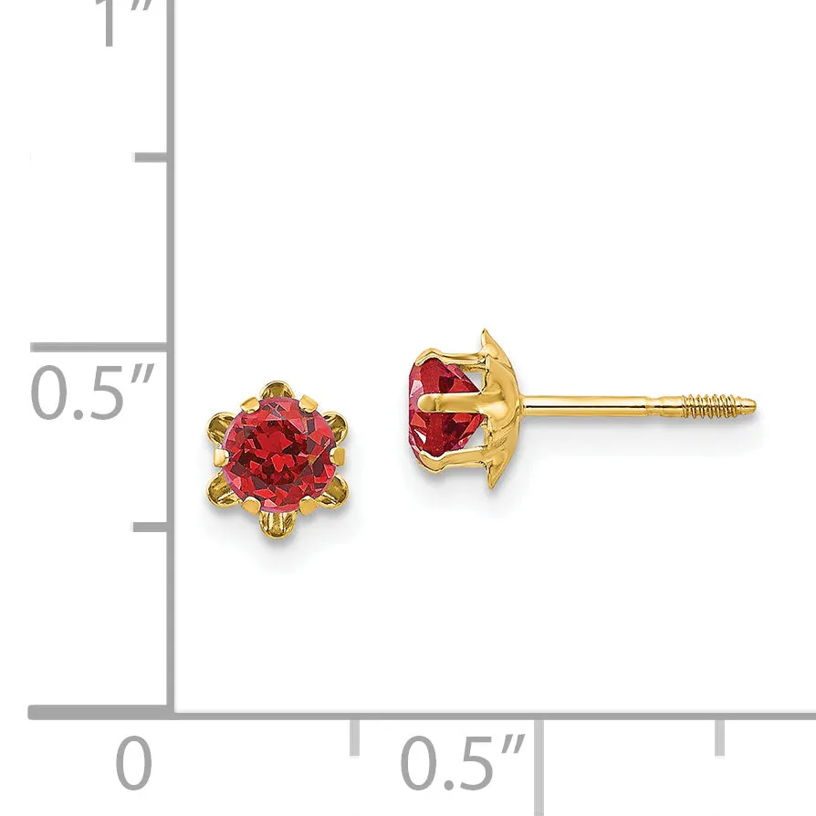 14K Gold July Birthstone Earrings with Red CZ Screwback