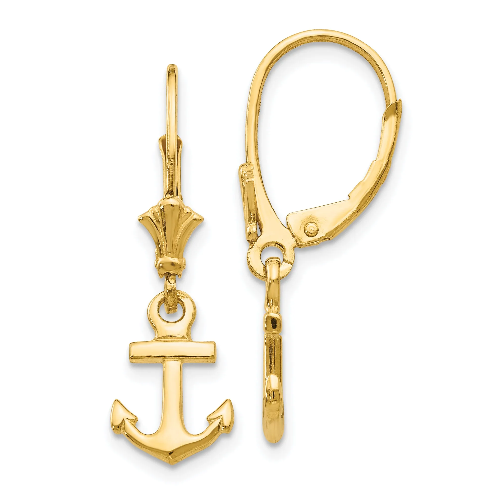 14K Gold Mini Anchor Leverback Earrings with Polished Finish for Women