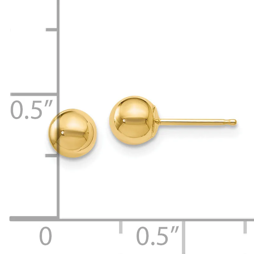 14K Gold Polished 5mm Ball Post Earrings with Push Back Closure