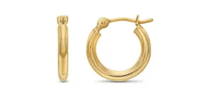 14k Yellow Gold Classic Shiny Polished Round Hoop Earrings, 2mm tube 12mm (0.48 inch)