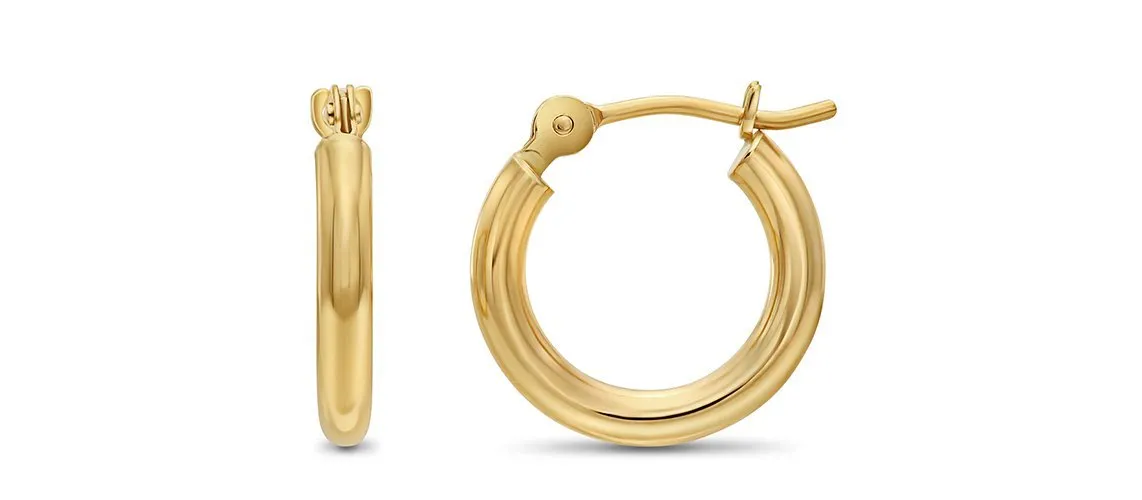 14k Yellow Gold Classic Shiny Polished Round Hoop Earrings, 2mm tube 12mm (0.48 inch)