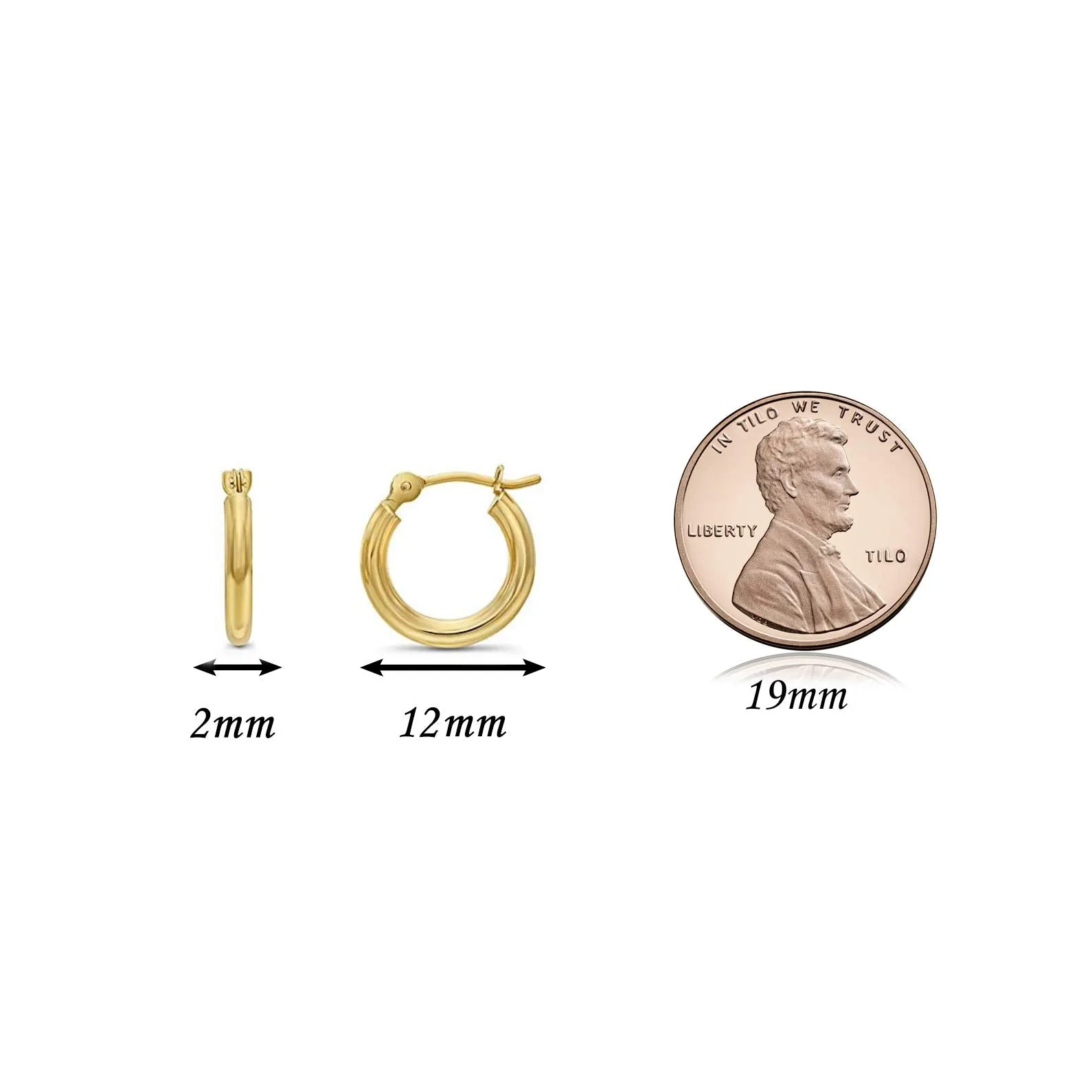 14k Yellow Gold Classic Shiny Polished Round Hoop Earrings, 2mm tube 12mm (0.48 inch)