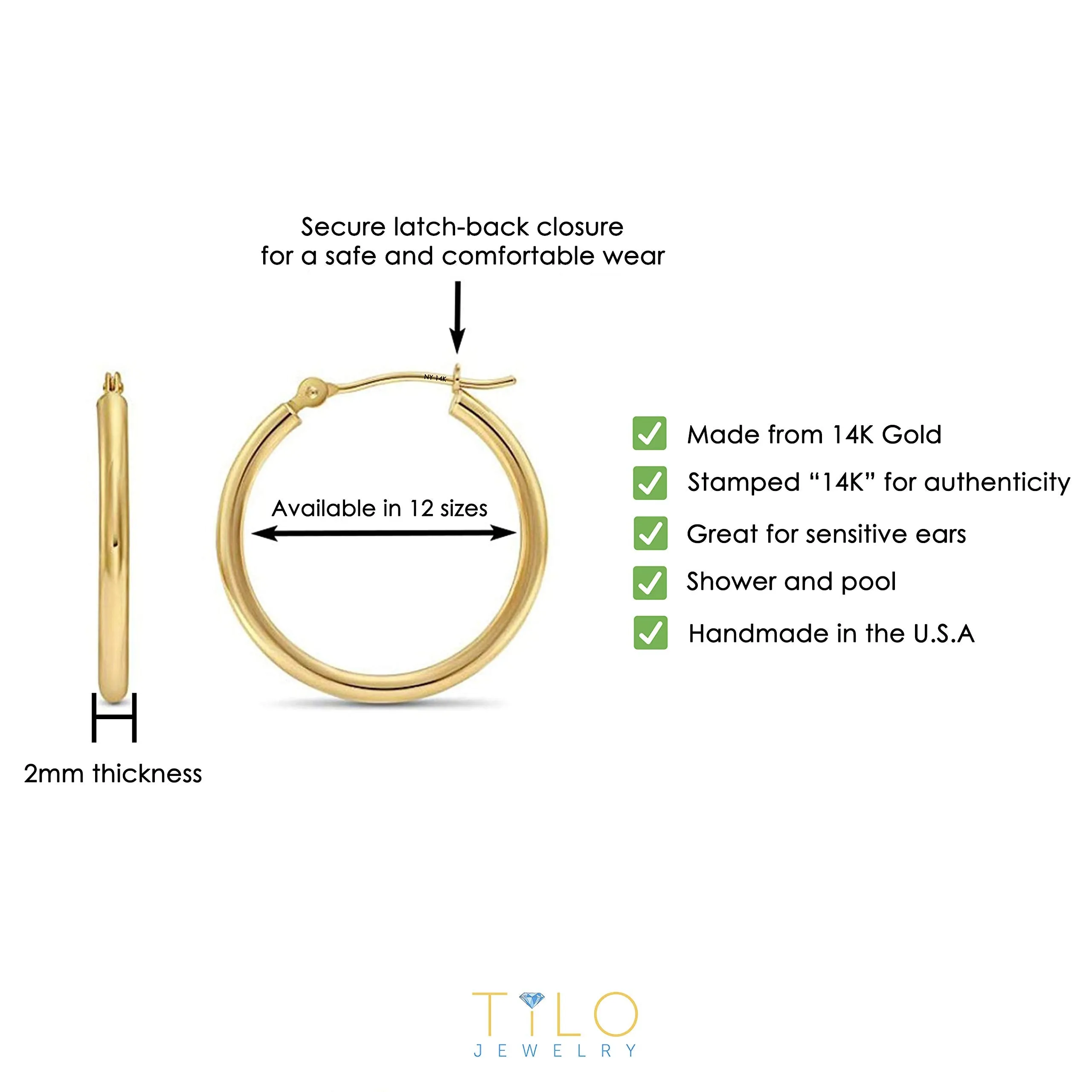 14k Yellow Gold Classic Shiny Polished Round Hoop Earrings, 2mm tube 12mm (0.48 inch)