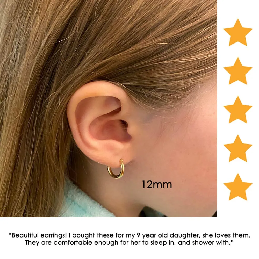 14k Yellow Gold Classic Shiny Polished Round Hoop Earrings, 2mm tube 12mm (0.48 inch)