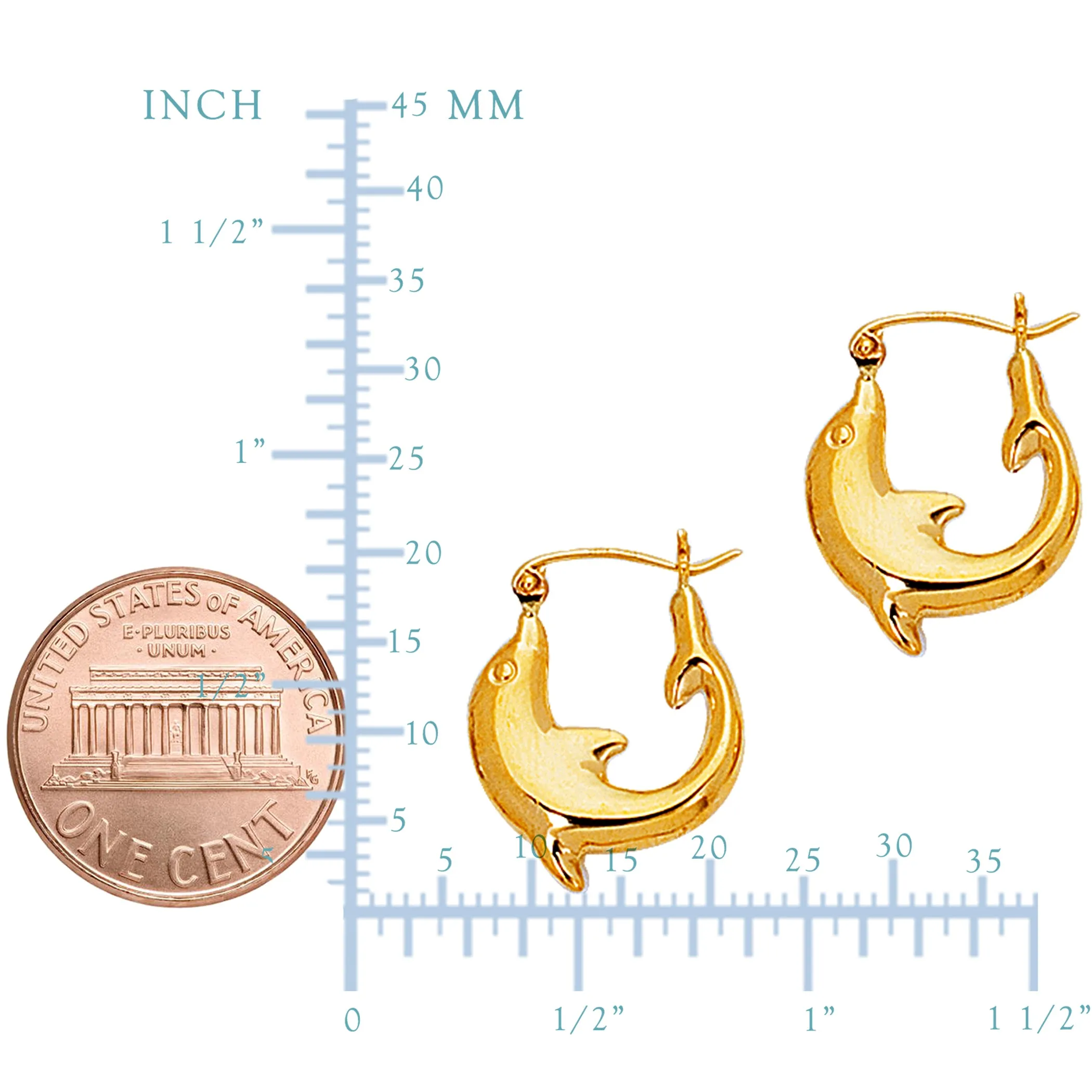 14K Yellow Gold Shiny Small Dolphin Hoop Earrings, Diameter 16mm