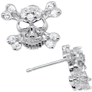 14kt White Gold 6mm CZ Skull Crossbones Stud Earrings