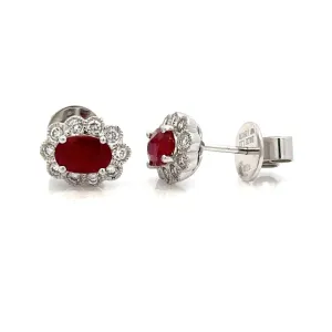 18 Karat Gold White Stud Earrings Oval Rubies 0.33 ctw Round Diamonds