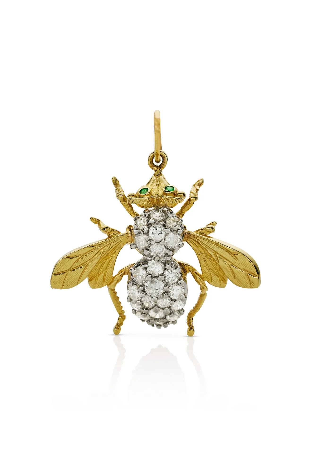 18KY Vintage Diamond Bee Charm With Emerald Eyes