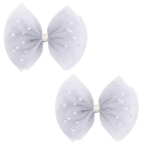 2 PCS Pearl Hair Bows Hair Clips for Toddler Girls - Elegant Ivory Lace Veil Hair Accessories for Birthday, Wedding, Halloween, Thanksgiving, and Christmas Occasions(Grey)