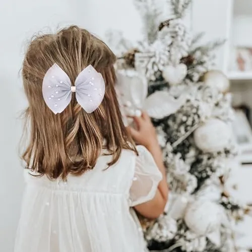 2 PCS Pearl Hair Bows Hair Clips for Toddler Girls - Elegant Ivory Lace Veil Hair Accessories for Birthday, Wedding, Halloween, Thanksgiving, and Christmas Occasions(Grey)