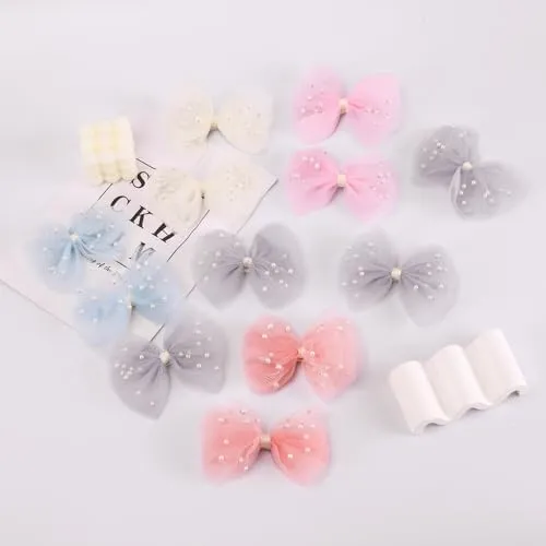 2 PCS Pearl Hair Bows Hair Clips for Toddler Girls - Elegant Ivory Lace Veil Hair Accessories for Birthday, Wedding, Halloween, Thanksgiving, and Christmas Occasions(Grey)