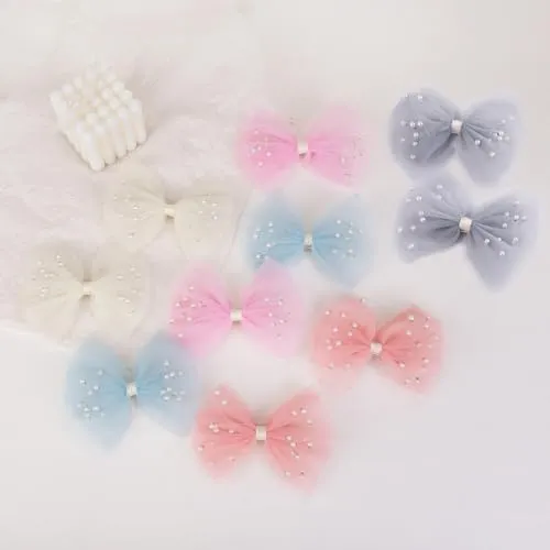 2 PCS Pearl Hair Bows Hair Clips for Toddler Girls - Elegant Ivory Lace Veil Hair Accessories for Birthday, Wedding, Halloween, Thanksgiving, and Christmas Occasions(Grey)