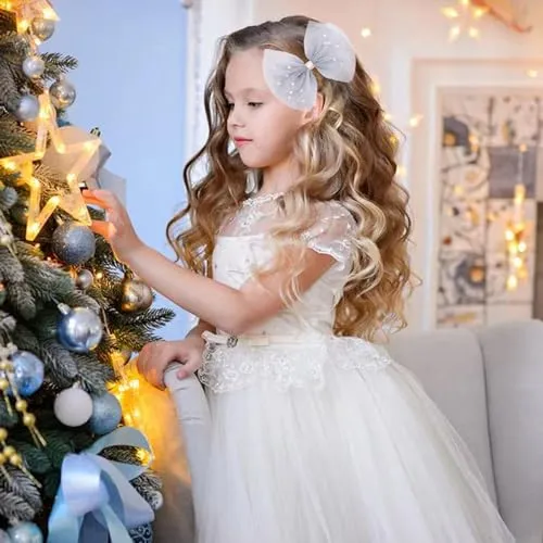 2 PCS Pearl Hair Bows Hair Clips for Toddler Girls - Elegant Ivory Lace Veil Hair Accessories for Birthday, Wedding, Halloween, Thanksgiving, and Christmas Occasions(Grey)