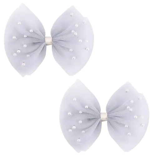 2 PCS Pearl Hair Bows Hair Clips for Toddler Girls - Elegant Ivory Lace Veil Hair Accessories for Birthday, Wedding, Halloween, Thanksgiving, and Christmas Occasions(Grey)