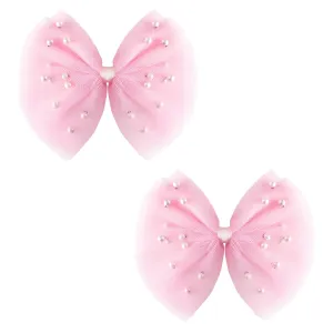 2 PCS Pearl Hair Bows Hair Clips for Toddler Girls - Elegant Ivory Lace Veil Hair Accessories for Birthday, Wedding, Halloween, Thanksgiving, and Christmas Occasions(Light Pink)