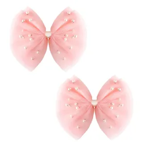 2 PCS Pearl Hair Bows Hair Clips for Toddler Girls - Elegant Ivory Lace Veil Hair Accessories for Birthday, Wedding, Halloween, Thanksgiving, and Christmas Occasions(Pink)