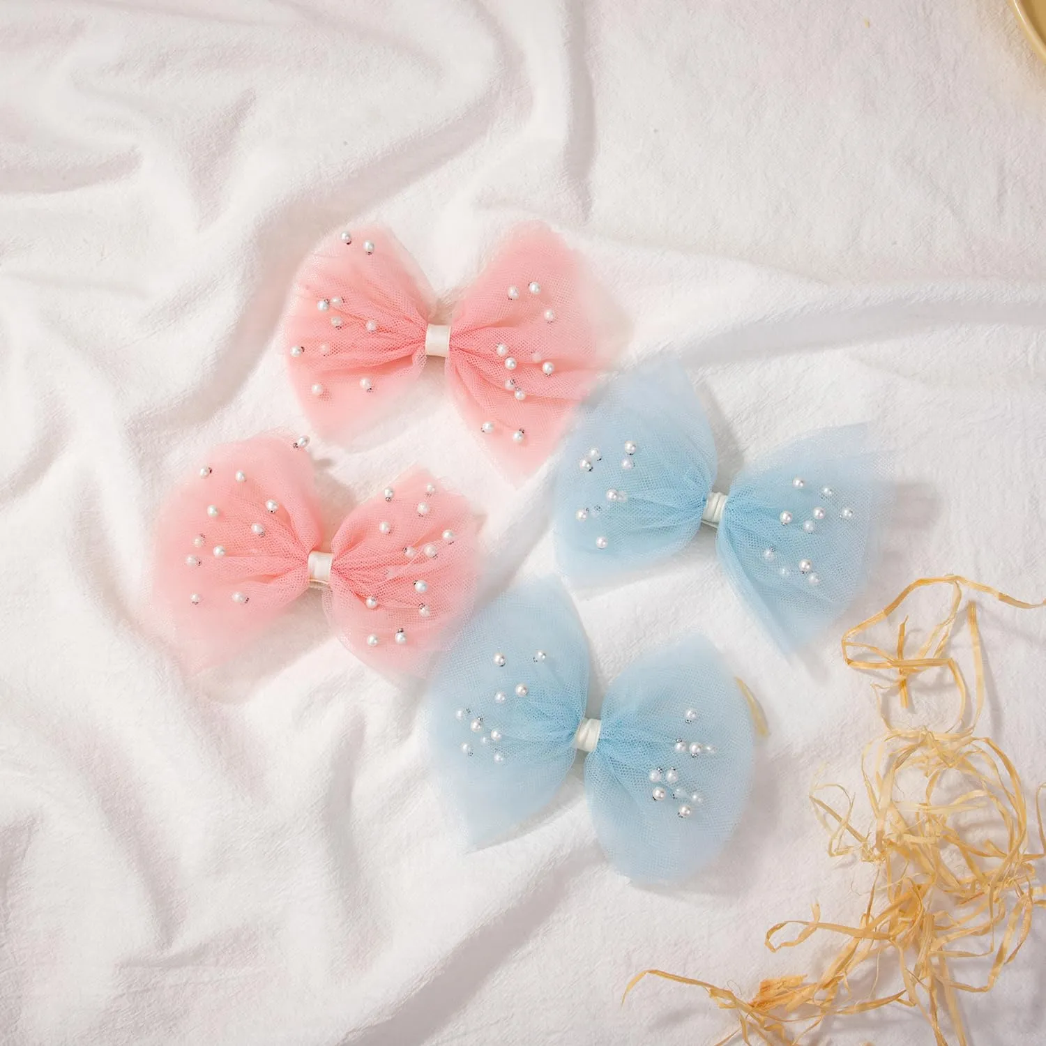 2 PCS Pearl Hair Bows Hair Clips for Toddler Girls - Elegant Ivory Lace Veil Hair Accessories for Birthday, Wedding, Halloween, Thanksgiving, and Christmas Occasions(Pink)