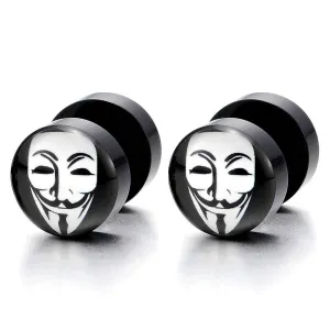 2pcs 10mm Mens Womens Black Round Stud Earrings with Clown Mask, Steel Cheater Fake Ear Plugs Gauges