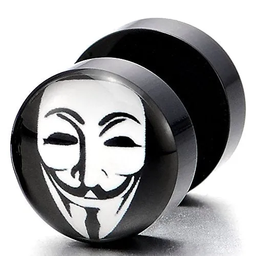2pcs 10mm Mens Womens Black Round Stud Earrings with Clown Mask, Steel Cheater Fake Ear Plugs Gauges