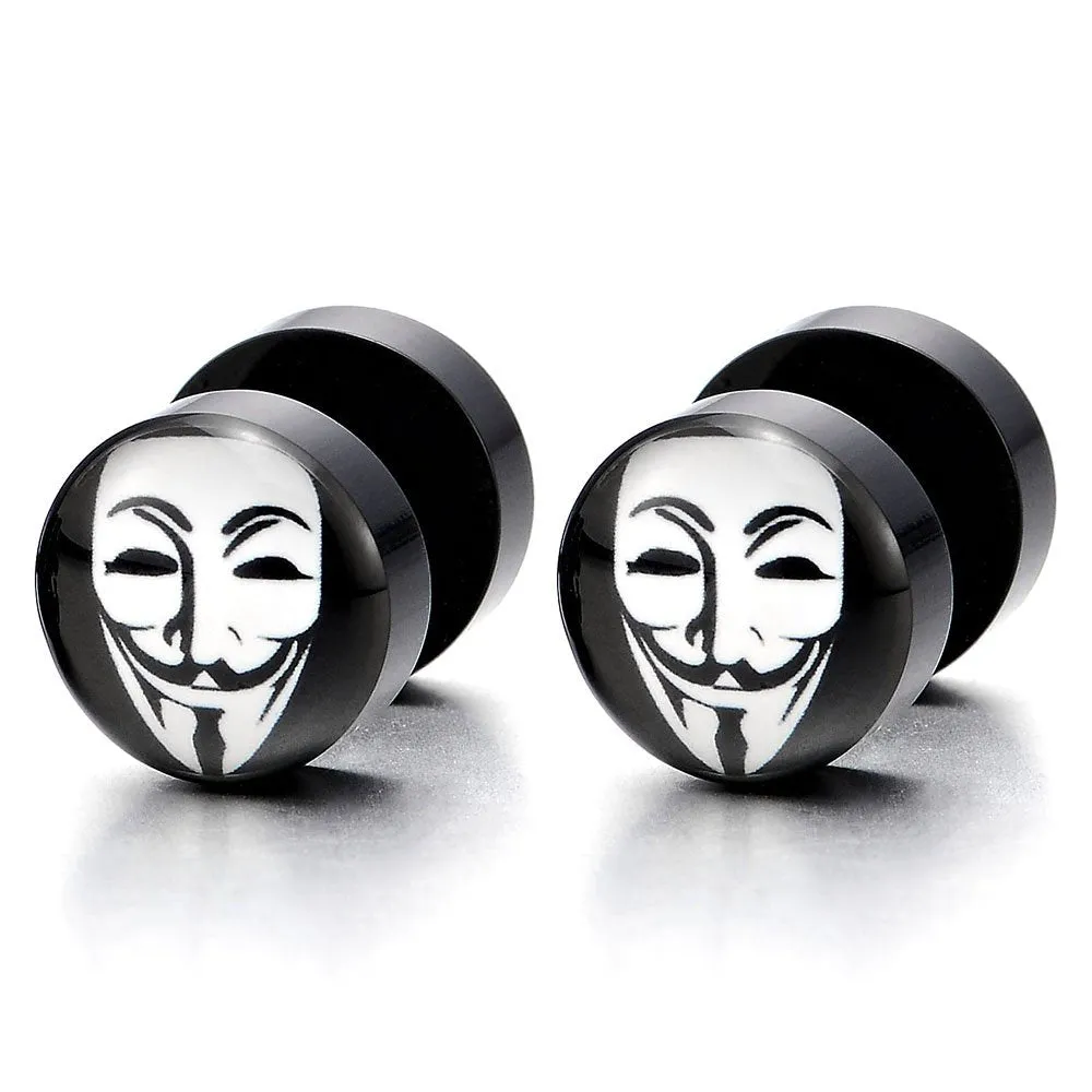 2pcs 10mm Mens Womens Black Round Stud Earrings with Clown Mask, Steel Cheater Fake Ear Plugs Gauges