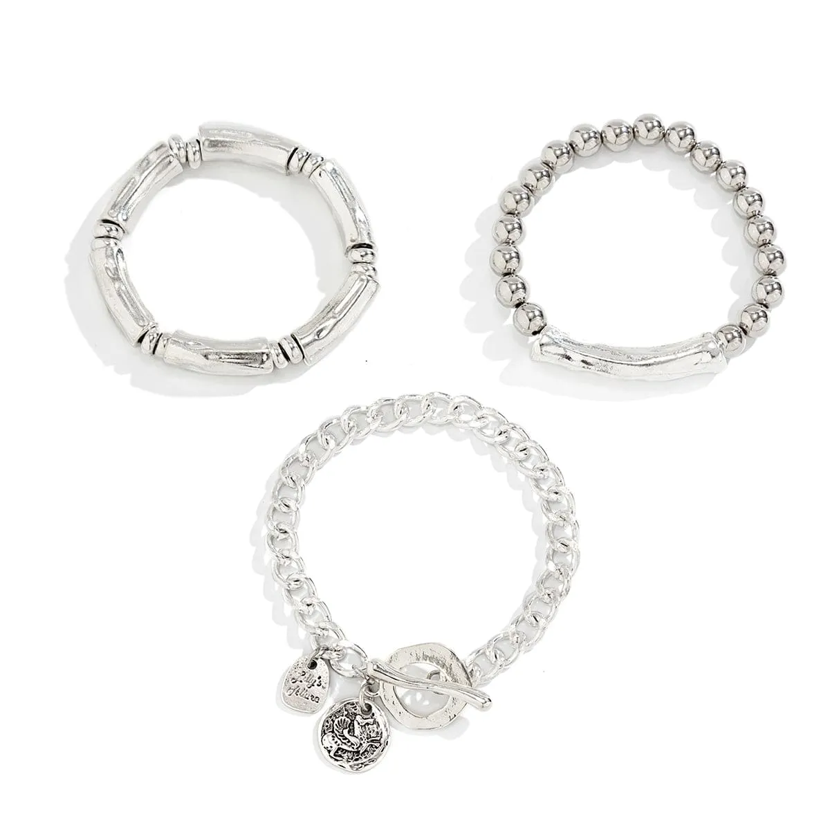 3 Pcs Silver Tone Toggle Clasp Round Disk Ball Chain Bracelet Set