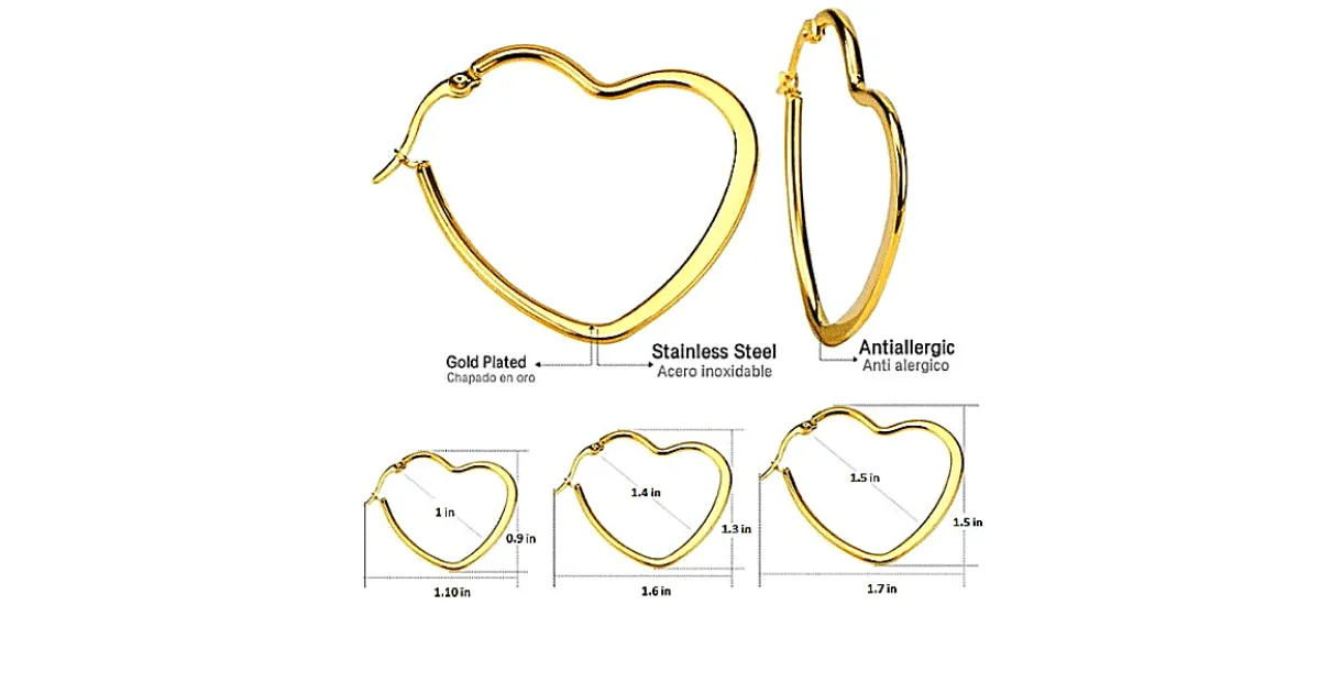 3 Piece Large Gold Heart Hoop Earrings Set