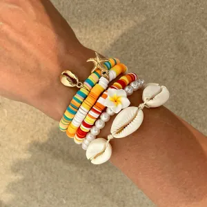 5 Pcs Boho Flower Starfish Conch Charm Polymer Clay Beaded Bracelet Set