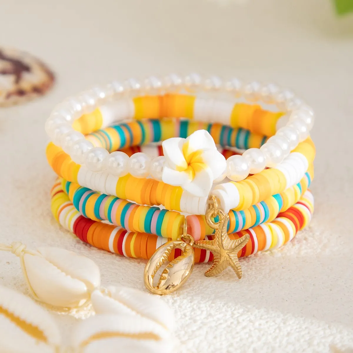 5 Pcs Boho Flower Starfish Conch Charm Polymer Clay Beaded Bracelet Set