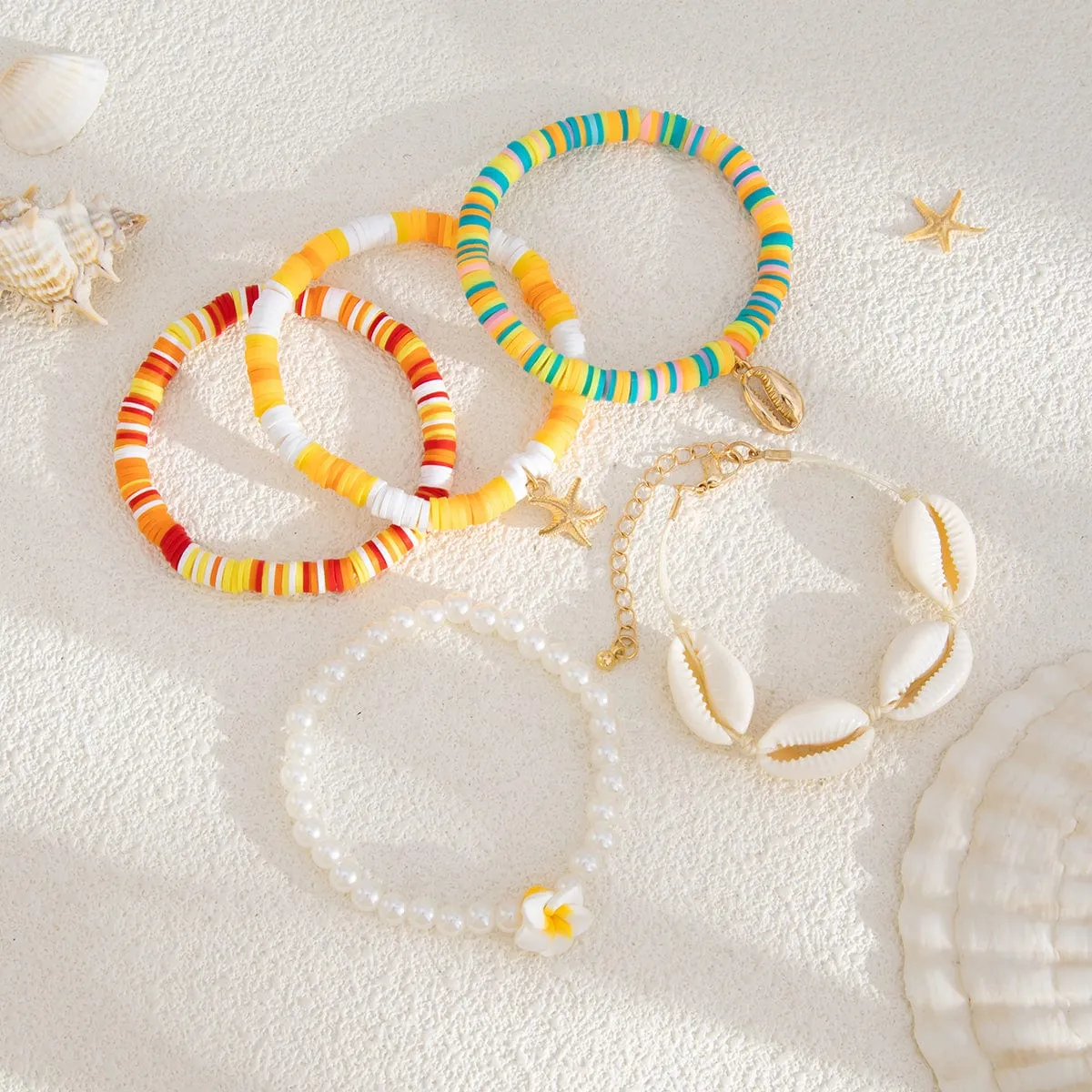 5 Pcs Boho Flower Starfish Conch Charm Polymer Clay Beaded Bracelet Set