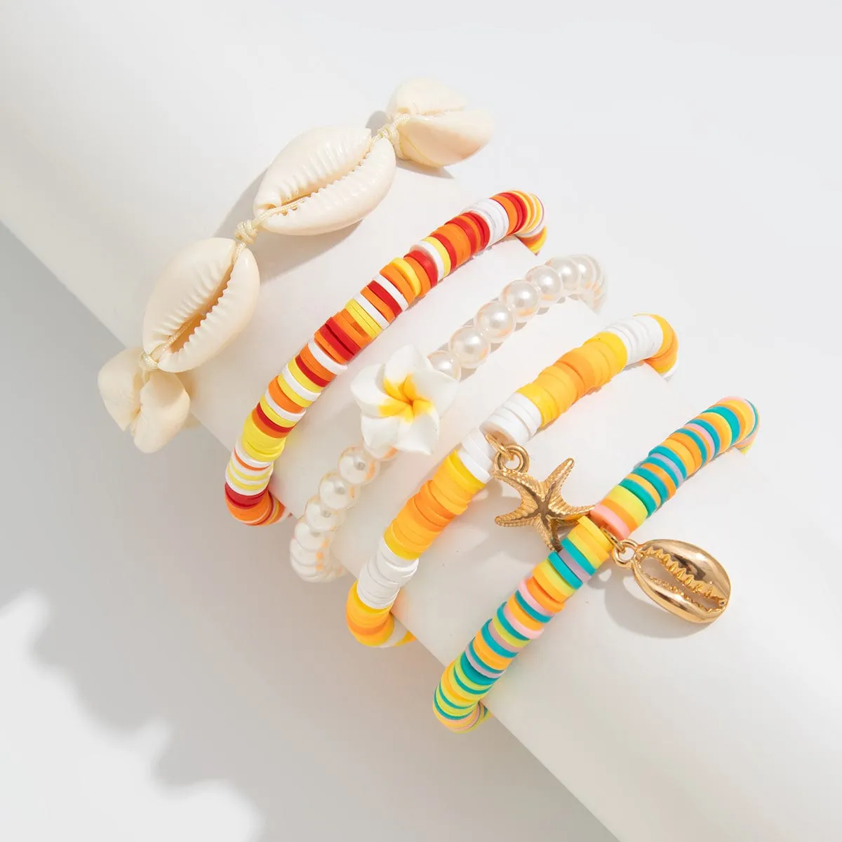 5 Pcs Boho Flower Starfish Conch Charm Polymer Clay Beaded Bracelet Set