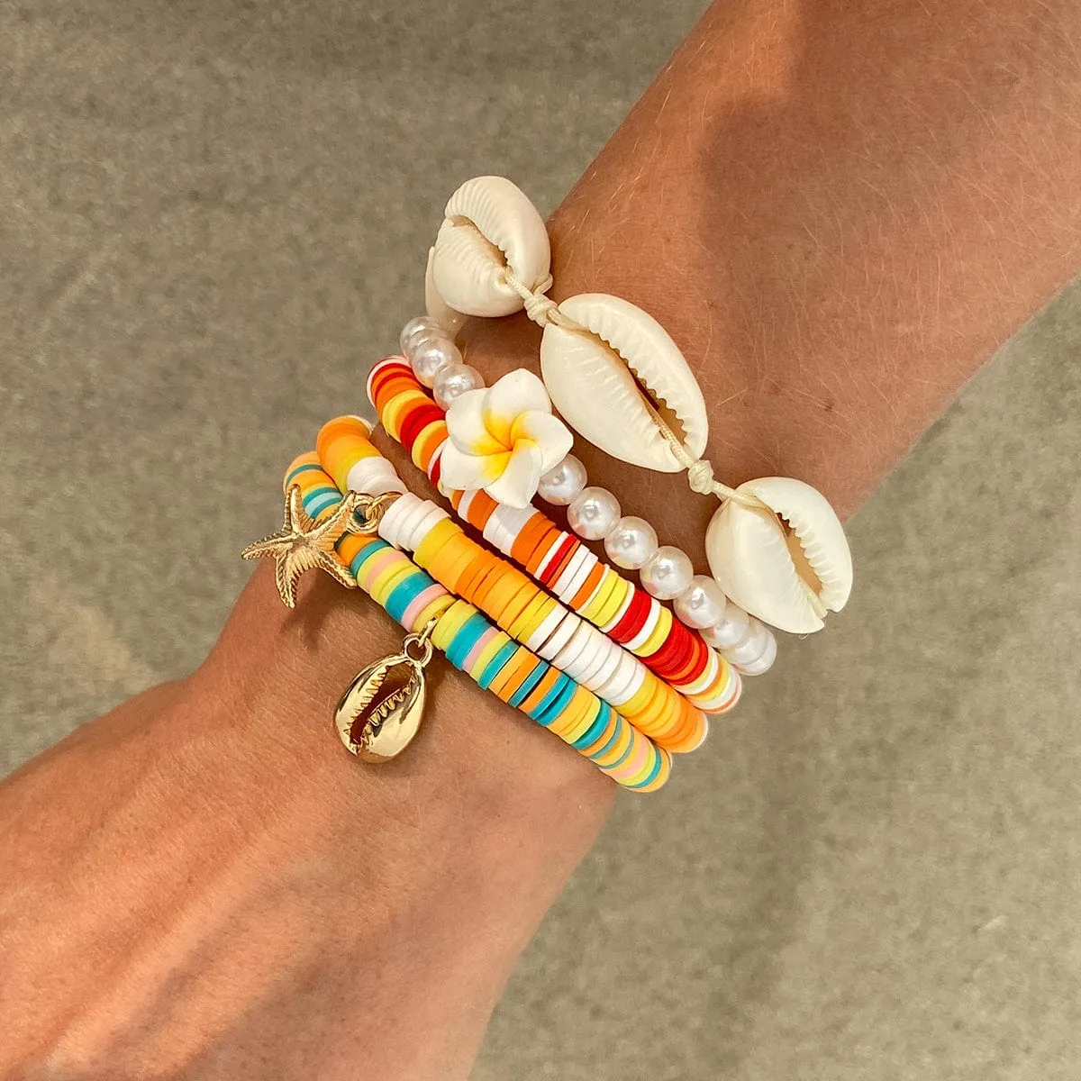 5 Pcs Boho Flower Starfish Conch Charm Polymer Clay Beaded Bracelet Set