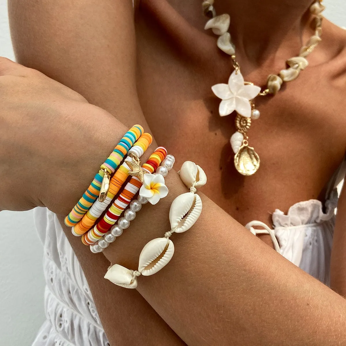 5 Pcs Boho Flower Starfish Conch Charm Polymer Clay Beaded Bracelet Set