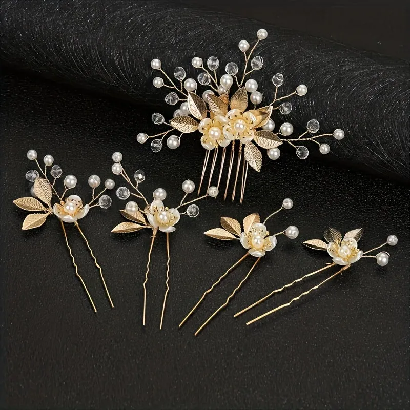 5pcs Golden Leaf Pearl Bridal Hairpin Set