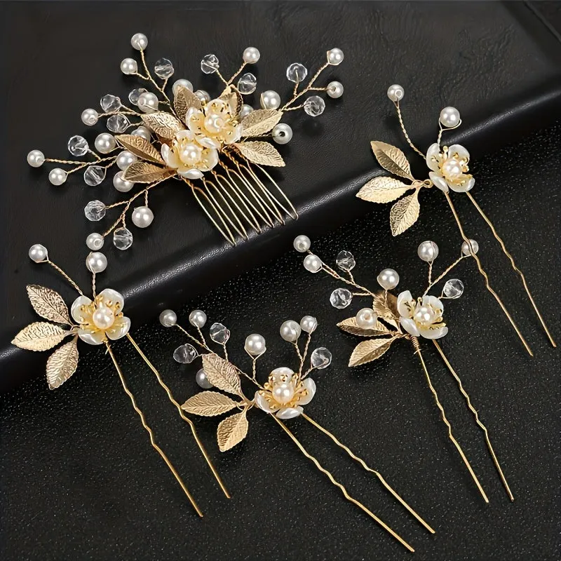 5pcs Golden Leaf Pearl Bridal Hairpin Set