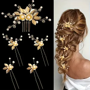 5pcs Golden Leaf Pearl Bridal Hairpin Set