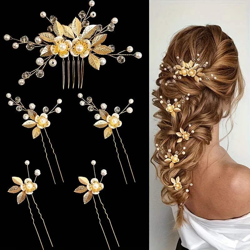 5pcs Golden Leaf Pearl Bridal Hairpin Set