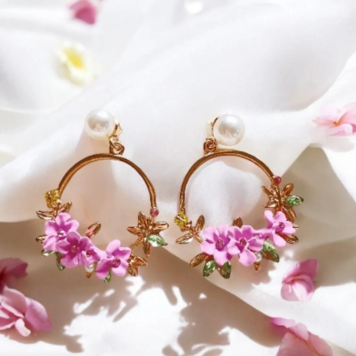 7 colours - Gold flower hoop earrings with pearls | open dangle earrings | spring floral earrings | Flower petal dangly earrings | bridal earrings