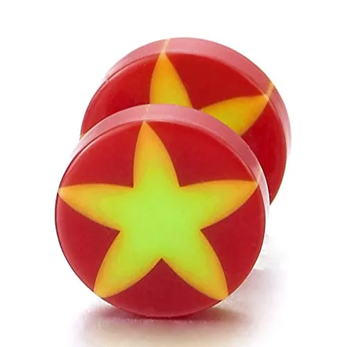 8MM Women Men Red Screw Stud Earrings with Yellow Star, Cheater Fake Ear Plug Gauges Illusion Tunnel
