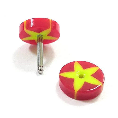 8MM Women Men Red Screw Stud Earrings with Yellow Star, Cheater Fake Ear Plug Gauges Illusion Tunnel